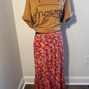Christopher & Banks Red multicolored floral maxi skirt with straight waistband